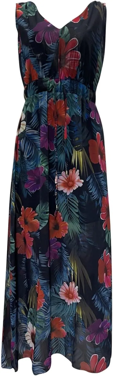Summer Dresses for Women 2025 Trendy Sleeveless V Neck Floral Hawaiian Dress Flowy Maxi Sexy Beach Sundresses