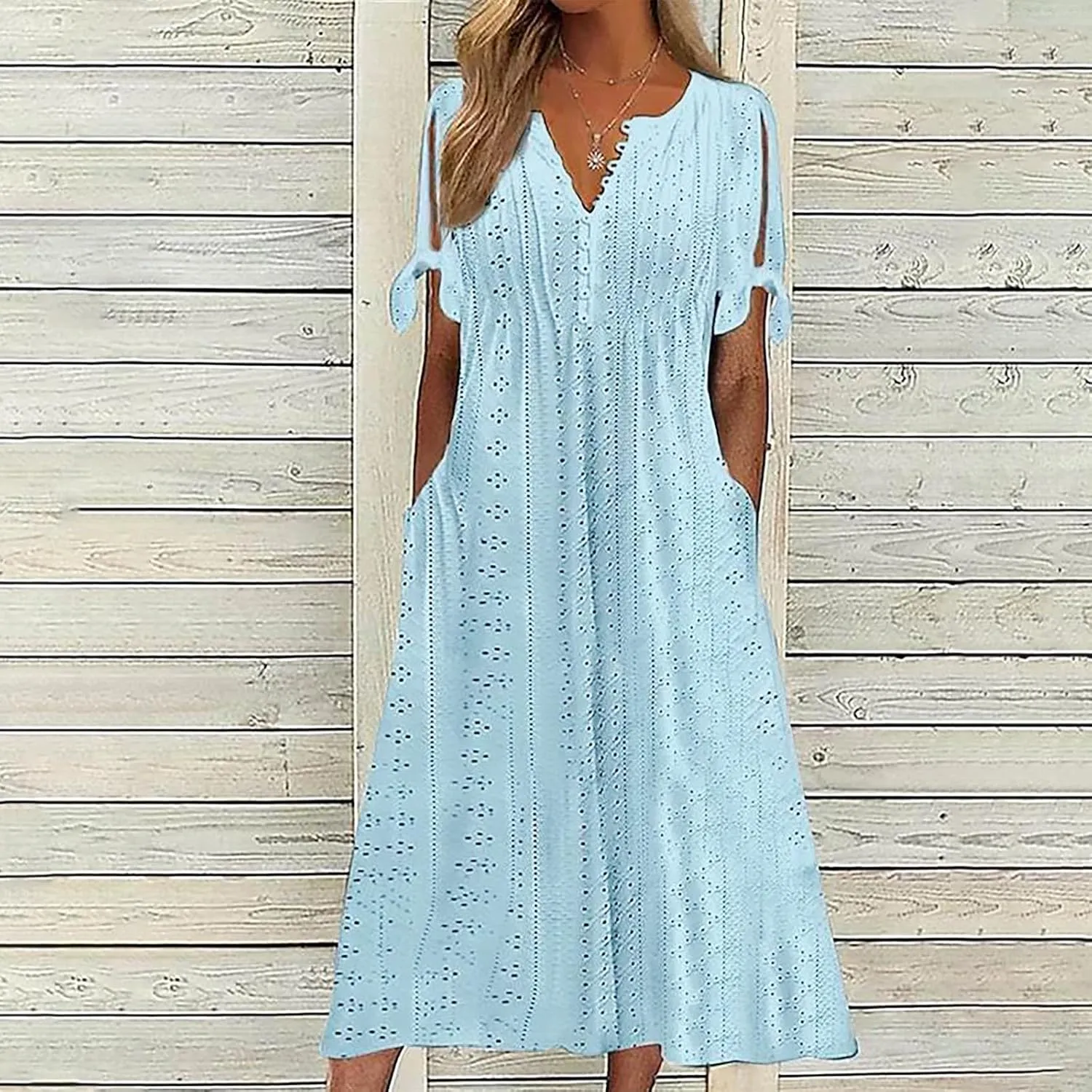 Summer Dresses for Women 2025,Cold Shoulder Eyelet Dress v Neck Boho Casual Beach Vacation Spring Maxi Dresses