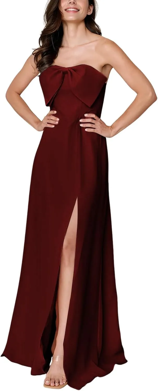 Summer Formal Dresses for Women Bridesmaid Dress Chiffon Bow Party Dresses Strapless Evening Gown with Split