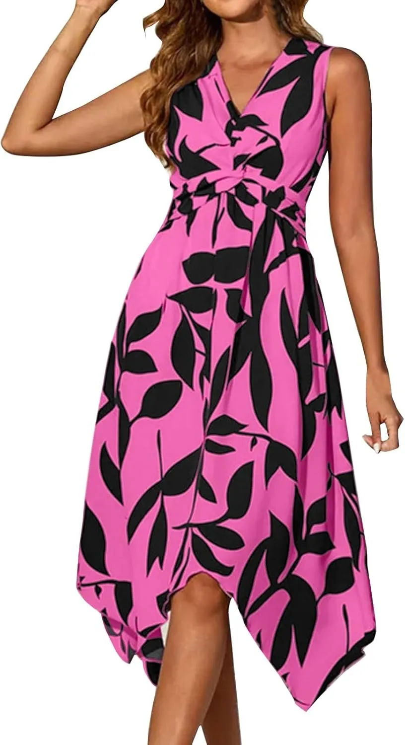 Summer Wedding Guest Dress Sleeveless Long Maxi V Neck Boho Floral Print High Waist Beach Sundress Cocktail Dress