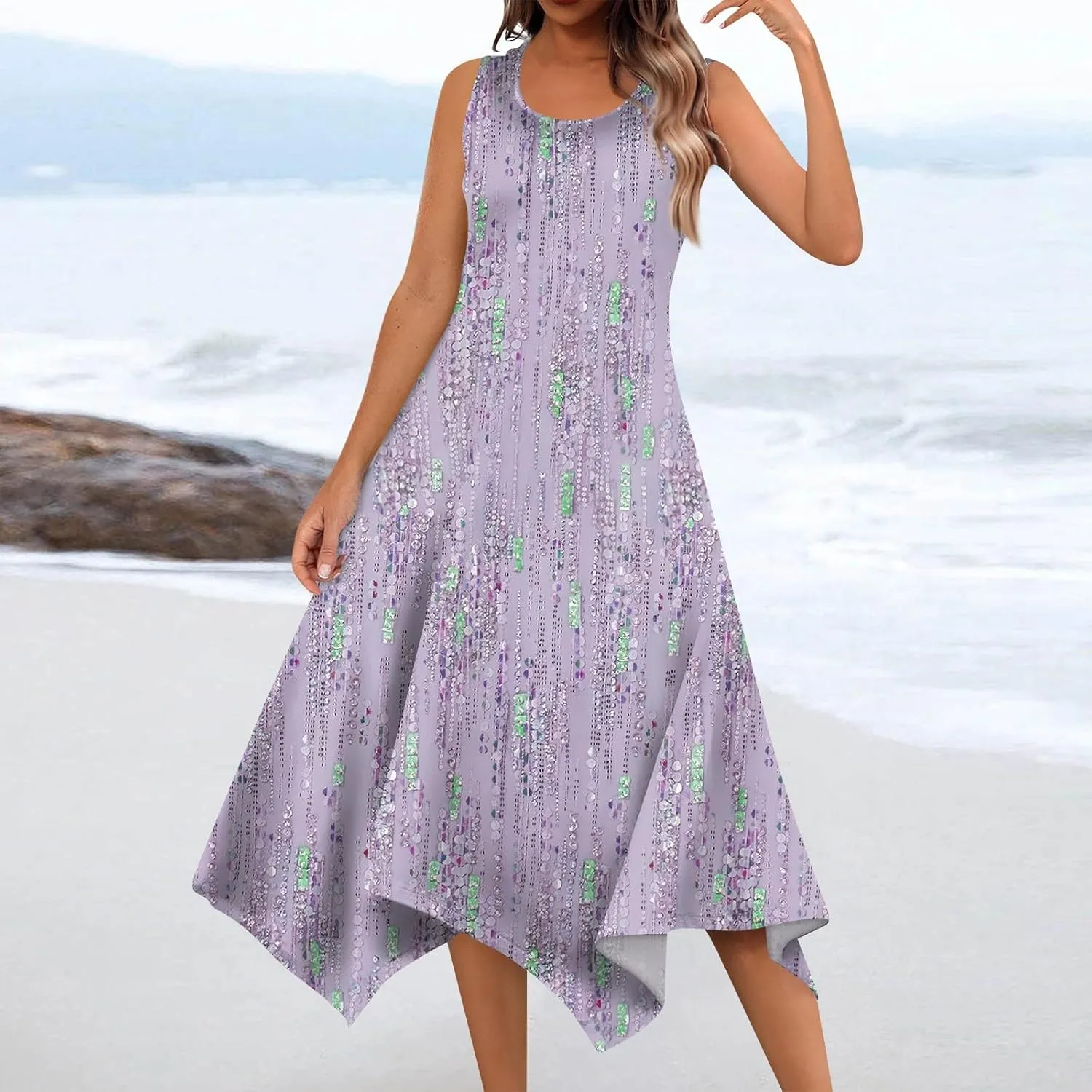 Sun Dresses for Women 2025 Womens Casual Summer Hawaiian Flowy A-Line Midi Dress Boho Beach Sleeveless Tank Dresses