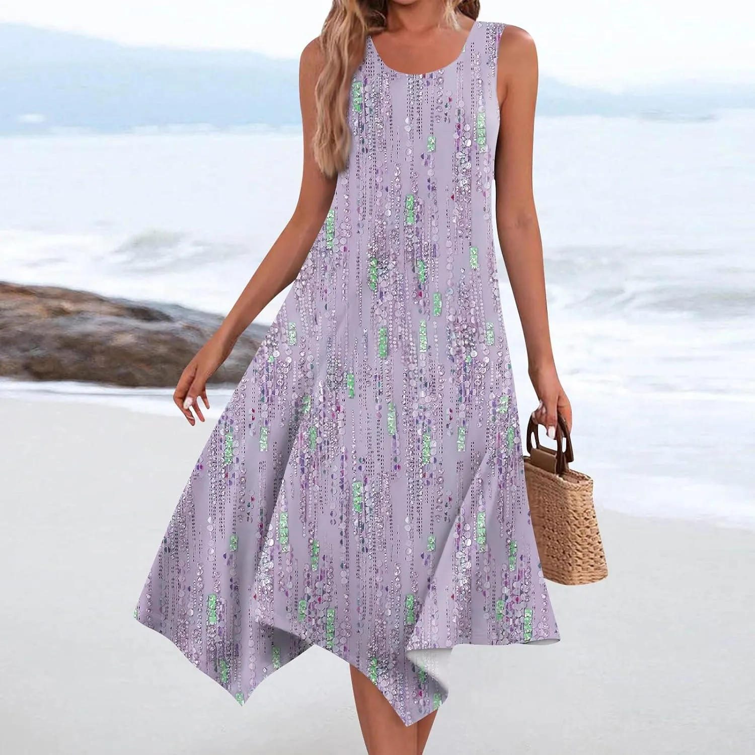 Sun Dresses for Women 2025 Womens Casual Summer Hawaiian Flowy A-Line Midi Dress Boho Beach Sleeveless Tank Dresses