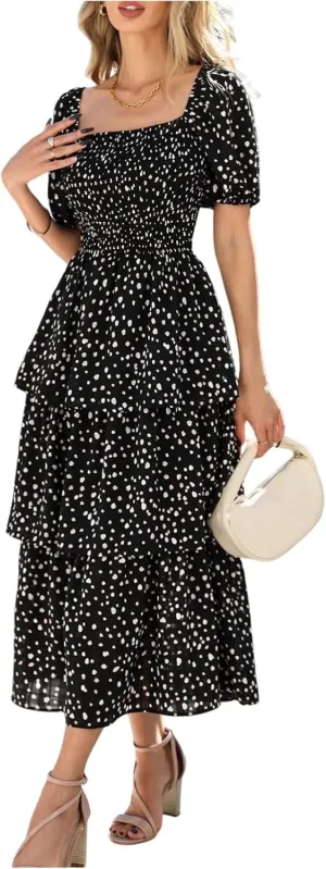 Sundresses for Women 2025 Casual Loose Trendy Short Sleeve Square Neck Floral Print Vacation Boho Maxi Dress, S-2XL