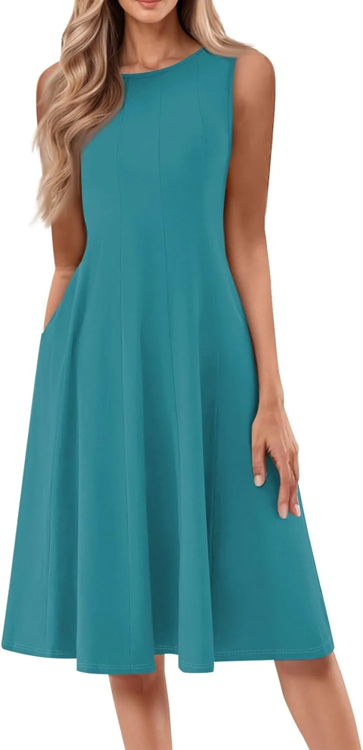 Sundresses for Women Cotton Boat Neck Sleeveless Pleated Midi Dress Modest Cute Summer Dresses Fit and Flare Dress