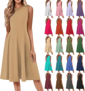Sundresses for Women Cotton Boat Neck Sleeveless Pleated Midi Dress Modest Cute Summer Dresses Fit and Flare Dress