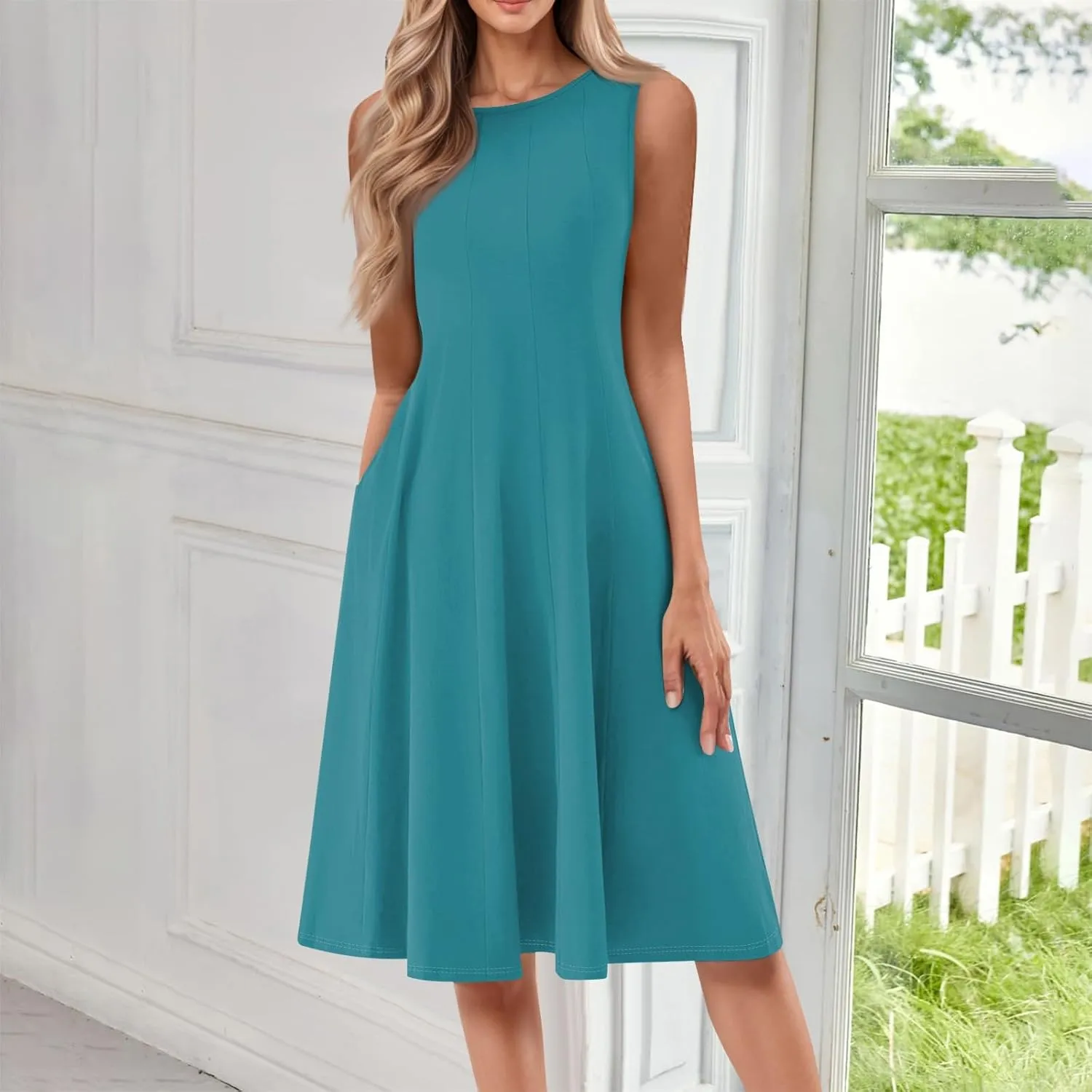 Sundresses for Women Cotton Boat Neck Sleeveless Pleated Midi Dress Modest Cute Summer Dresses Fit and Flare Dress