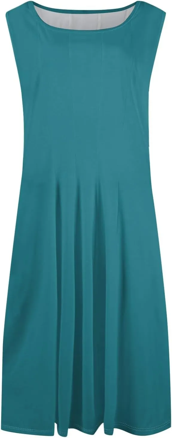 Sundresses for Women Cotton Boat Neck Sleeveless Pleated Midi Dress Modest Cute Summer Dresses Fit and Flare Dress