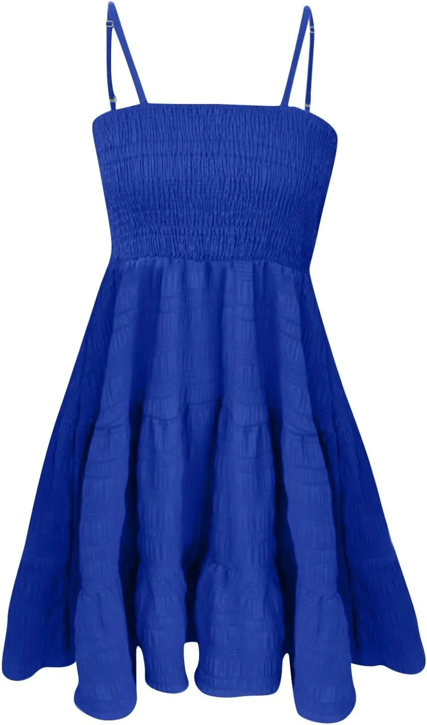 Sundresses for Women Cute Spaghetti Strap Smocked Tiered Mini Dress Casual Summer Boho Flowy Swing Beach Sun Dresses