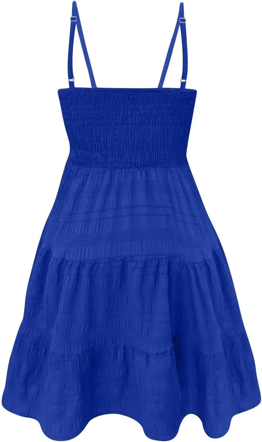 Sundresses for Women Cute Spaghetti Strap Smocked Tiered Mini Dress Casual Summer Boho Flowy Swing Beach Sun Dresses