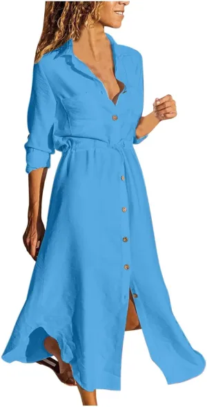 TARIENDY Maxi Dress for Women,Women's Button Down Vacation Outfits Long Sleeve Dresses Plus Size Summer Shirt Sundresses