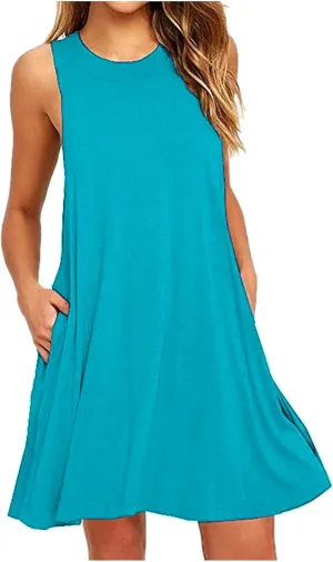 Tshirt Dress Women 2024 Summer Casual Sleeveless Crewneck Solid Midi Dresses with Pockets Going Out Sundress Fashion