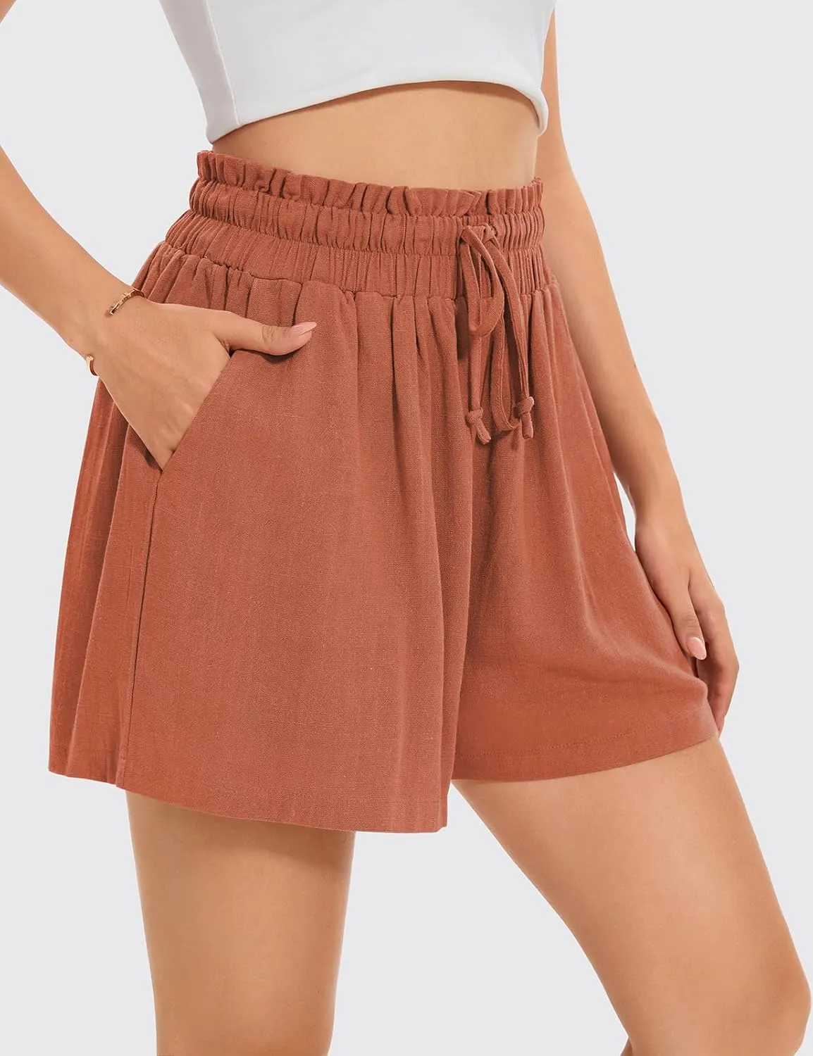 UEU Womens Linen Pants Summer Wide Leg Casual Loose High Waist Drawstring Palazzo Capri with Pockets- 25" / 20" / 3" Inseam