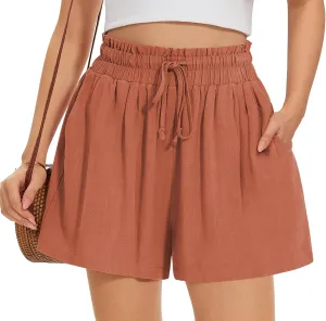 UEU Womens Linen Pants Summer Wide Leg Casual Loose High Waist Drawstring Palazzo Capri with Pockets- 25" / 20" / 3" Inseam