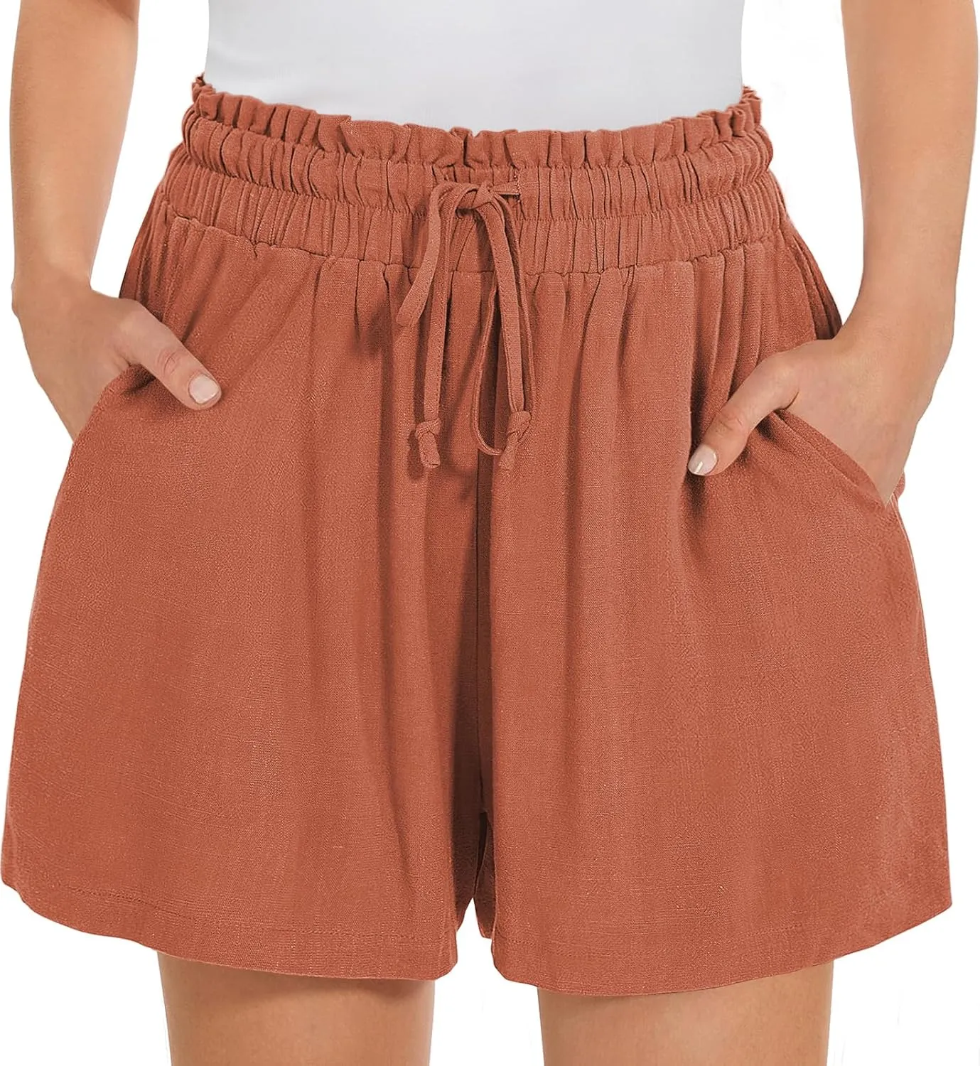 UEU Womens Linen Pants Summer Wide Leg Casual Loose High Waist Drawstring Palazzo Capri with Pockets- 25" / 20" / 3" Inseam