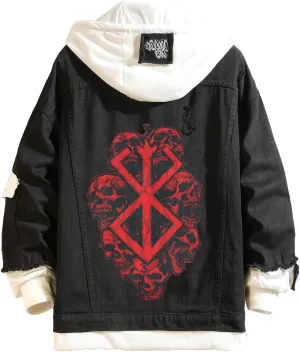 Unisex Anime Berserks Denim Jacket Cosplay Men Trucker Jean Casual Hooded Sweatshirt Coat Halloween Costume