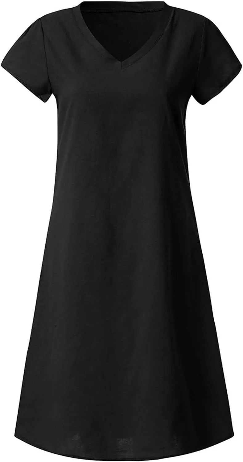 Vacation Dresses for Women Vintage Cotton Short Sleeve V Neck Midi Dress Summer Casual Loose Solid Beach Sundress