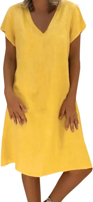 Vacation Dresses for Women Vintage Cotton Short Sleeve V Neck Midi Dress Summer Casual Loose Solid Beach Sundress