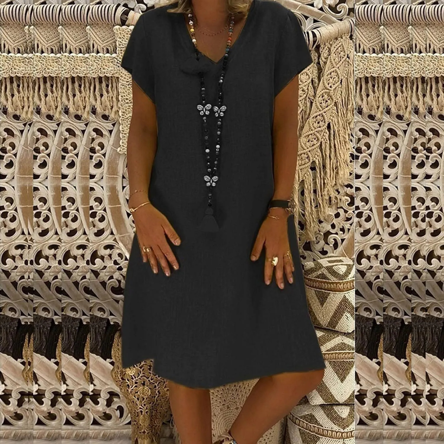 Vacation Dresses for Women Vintage Cotton Short Sleeve V Neck Midi Dress Summer Casual Loose Solid Beach Sundress