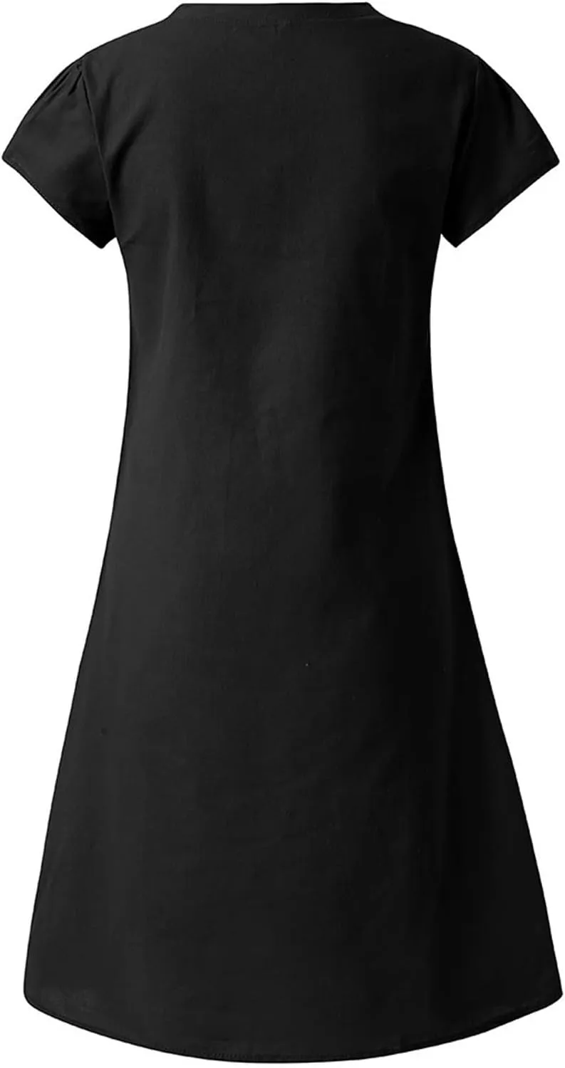 Vacation Dresses for Women Vintage Cotton Short Sleeve V Neck Midi Dress Summer Casual Loose Solid Beach Sundress