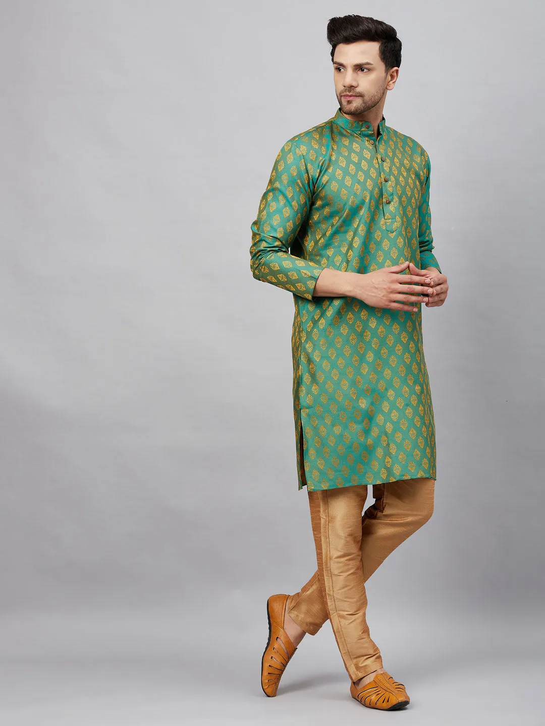 VASTRAMAY Men's Green and Rose Gold Kurta Set