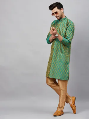 VASTRAMAY Men's Green and Rose Gold Kurta Set