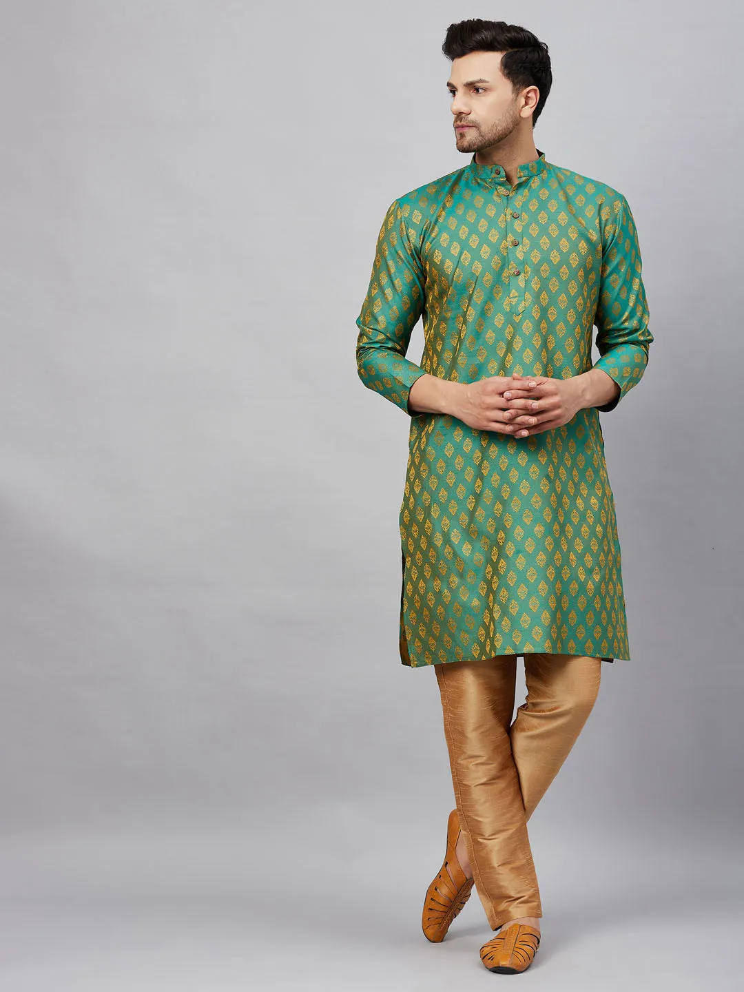 VASTRAMAY Men's Green and Rose Gold Kurta Set