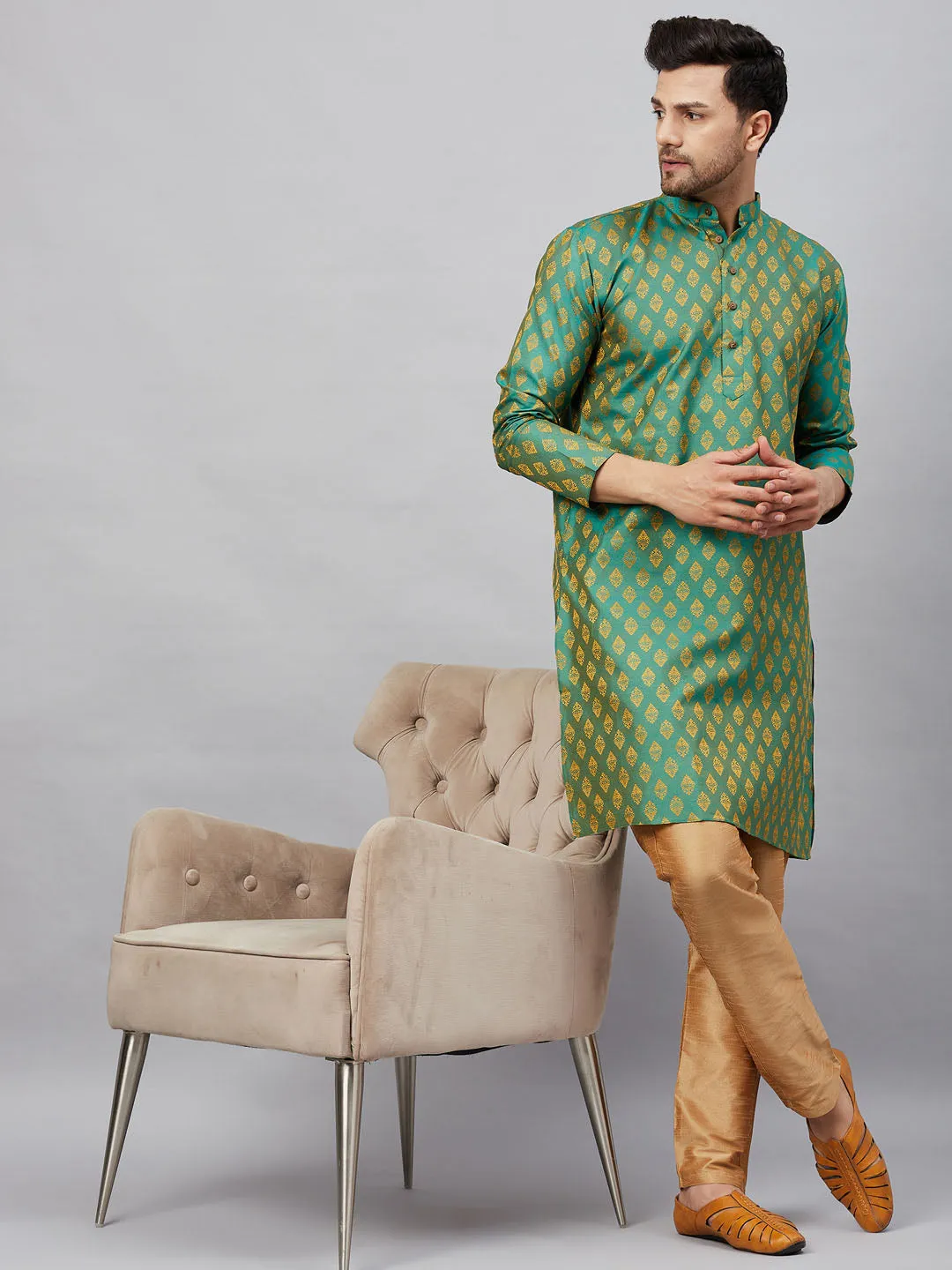 VASTRAMAY Men's Green and Rose Gold Kurta Set