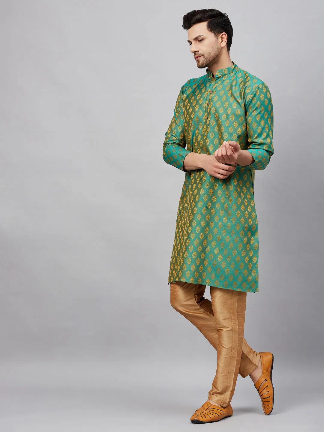 VASTRAMAY Men's Green and Rose Gold Kurta Set