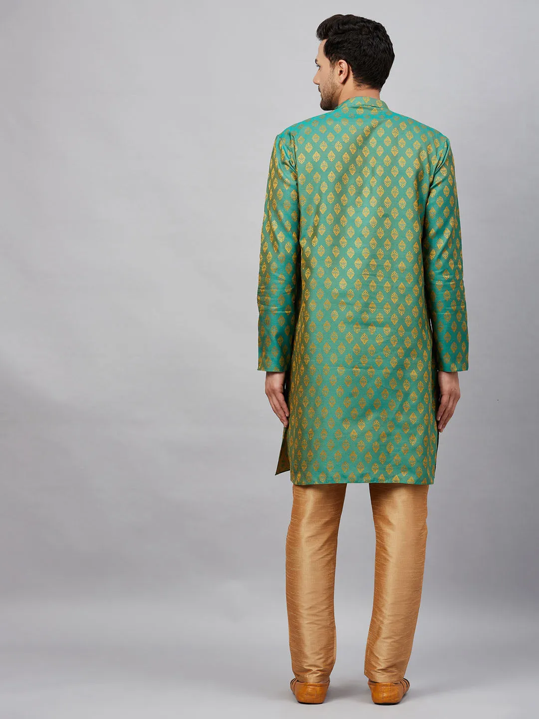 VASTRAMAY Men's Green and Rose Gold Kurta Set