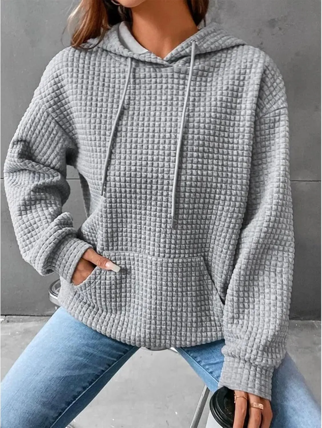 Viatabuna Womens Oversized Hoodies Basic Waffle Long Sleeve Pullover Tops Loose Hooded Sweatshirt with Pocket