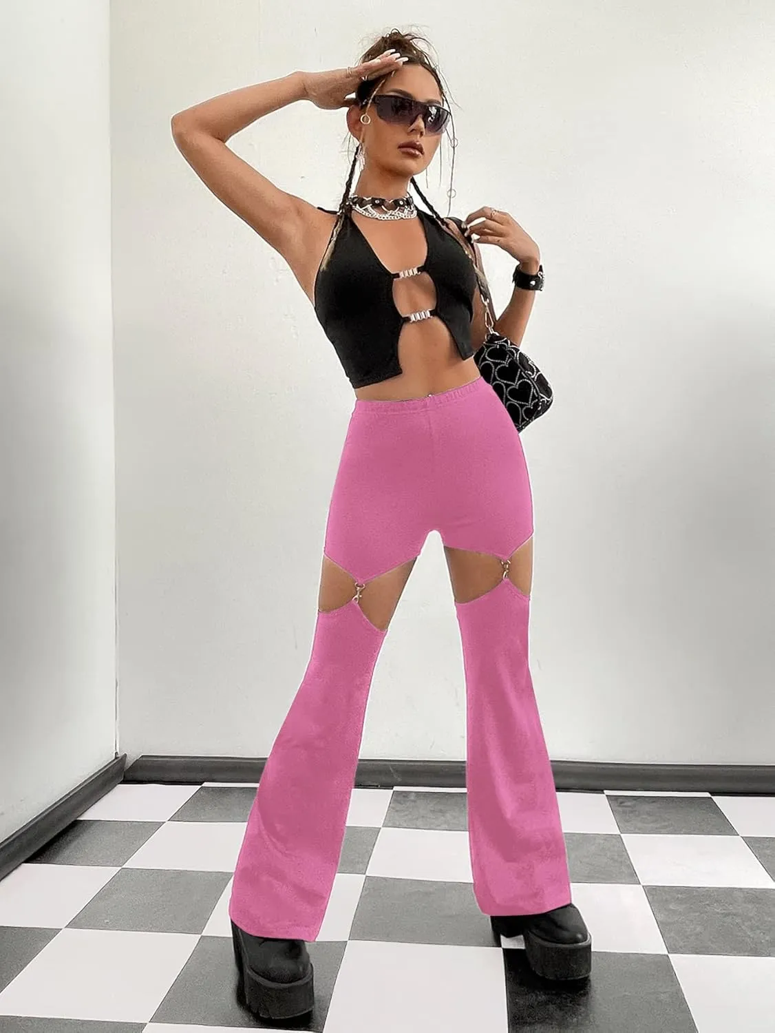 WDIRARA Flare Leggings for Women Cut Out Removable Flare Pants High Waisted Bell Bottom Pants Elastic for Concert Night Out