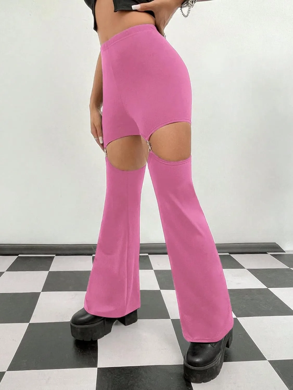 WDIRARA Flare Leggings for Women Cut Out Removable Flare Pants High Waisted Bell Bottom Pants Elastic for Concert Night Out