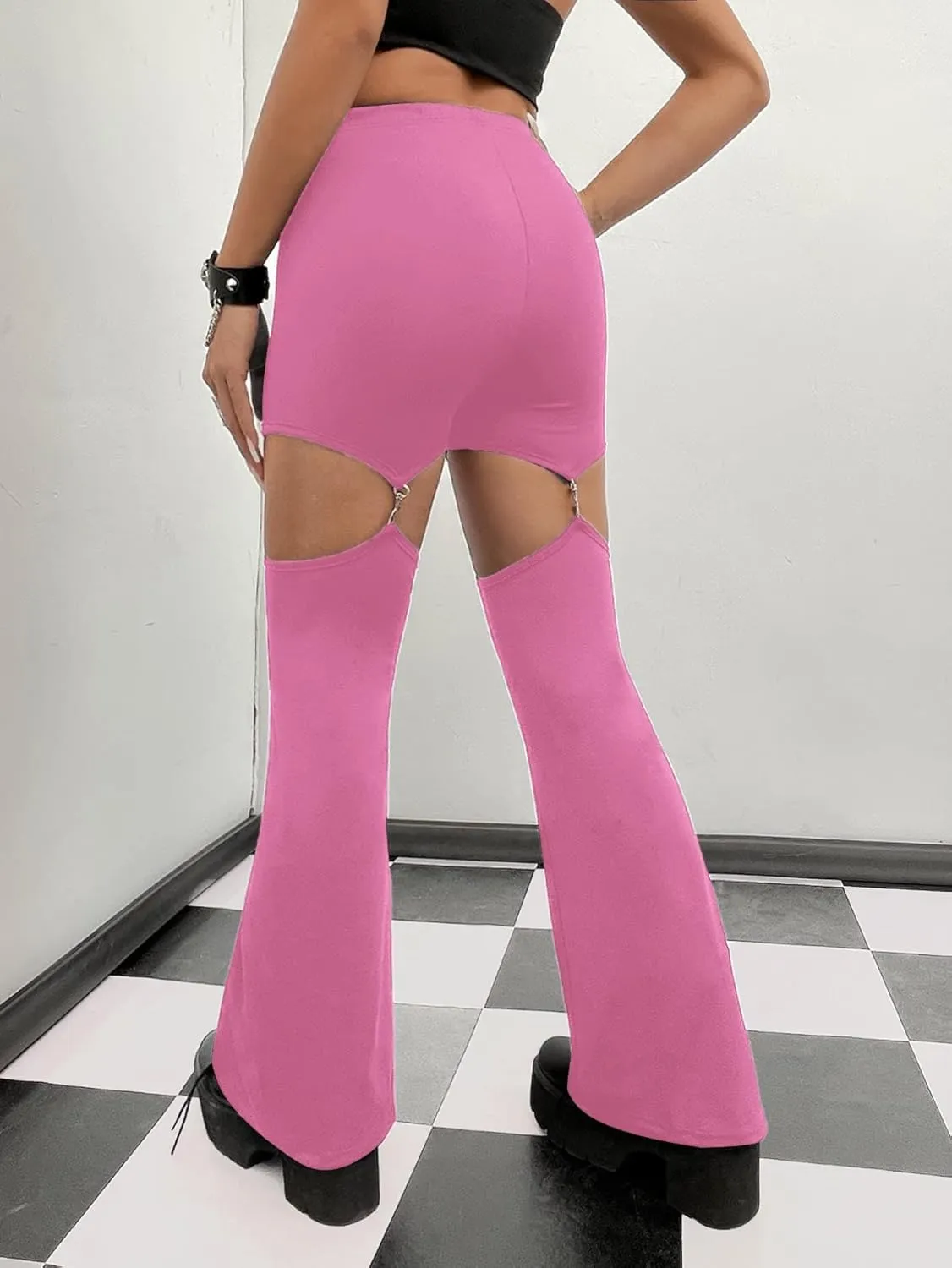 WDIRARA Flare Leggings for Women Cut Out Removable Flare Pants High Waisted Bell Bottom Pants Elastic for Concert Night Out