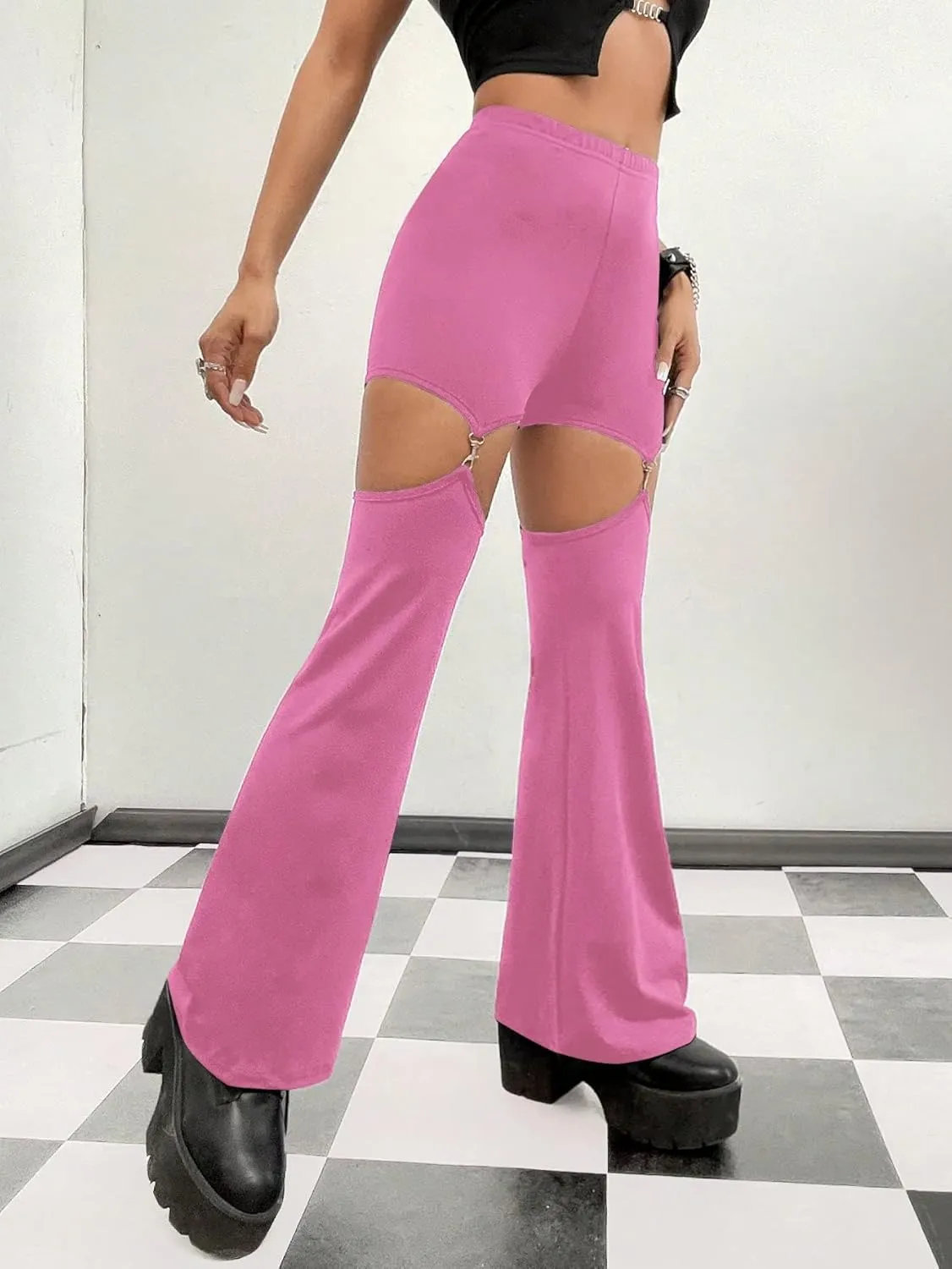 WDIRARA Flare Leggings for Women Cut Out Removable Flare Pants High Waisted Bell Bottom Pants Elastic for Concert Night Out
