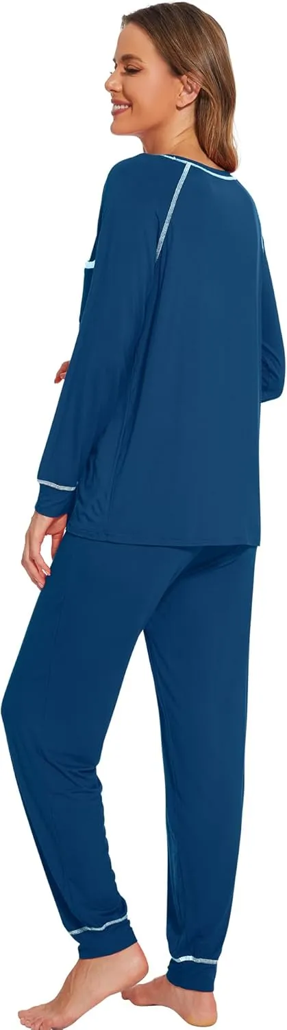 WiWi Viscose from Bamboo Pajamas Set for Women Long Sleeve Sleepwear Soft Loungewear Pjs Jogger Pants Lounge Sets S-XXL