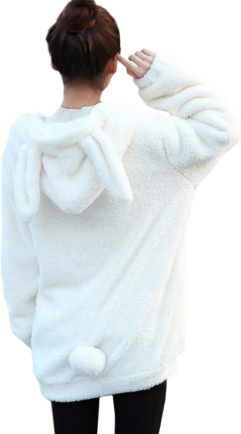Women Fashion Bunny Hoodie Fluffy Double Velvet Winter Rabbit Ear&Tail Zipper Fuzzy Fleece Hooded Switershirt