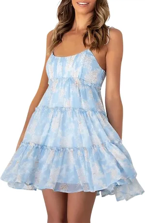 Women Floral Mini Dress Spaghetti Strap Milkmaid Ruffle Tiered Skater Dress Cute Summer Flowy Swing Beach Sun Dresses