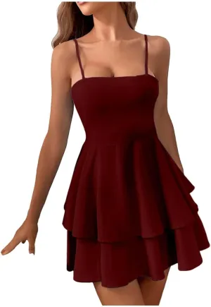 Women Solid Casual Tiered Mini Dresses Spaghetti Strap Tube Backless A Line Swing Short Dress Tiered Flowy Sundress