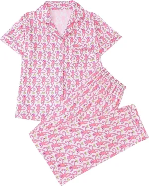 Women's 2 Piece Monkey Pajama Sets Short Sleeve Button Down Shirt and Pants Set Sleepwear Animal Print Lounge Set Pjs