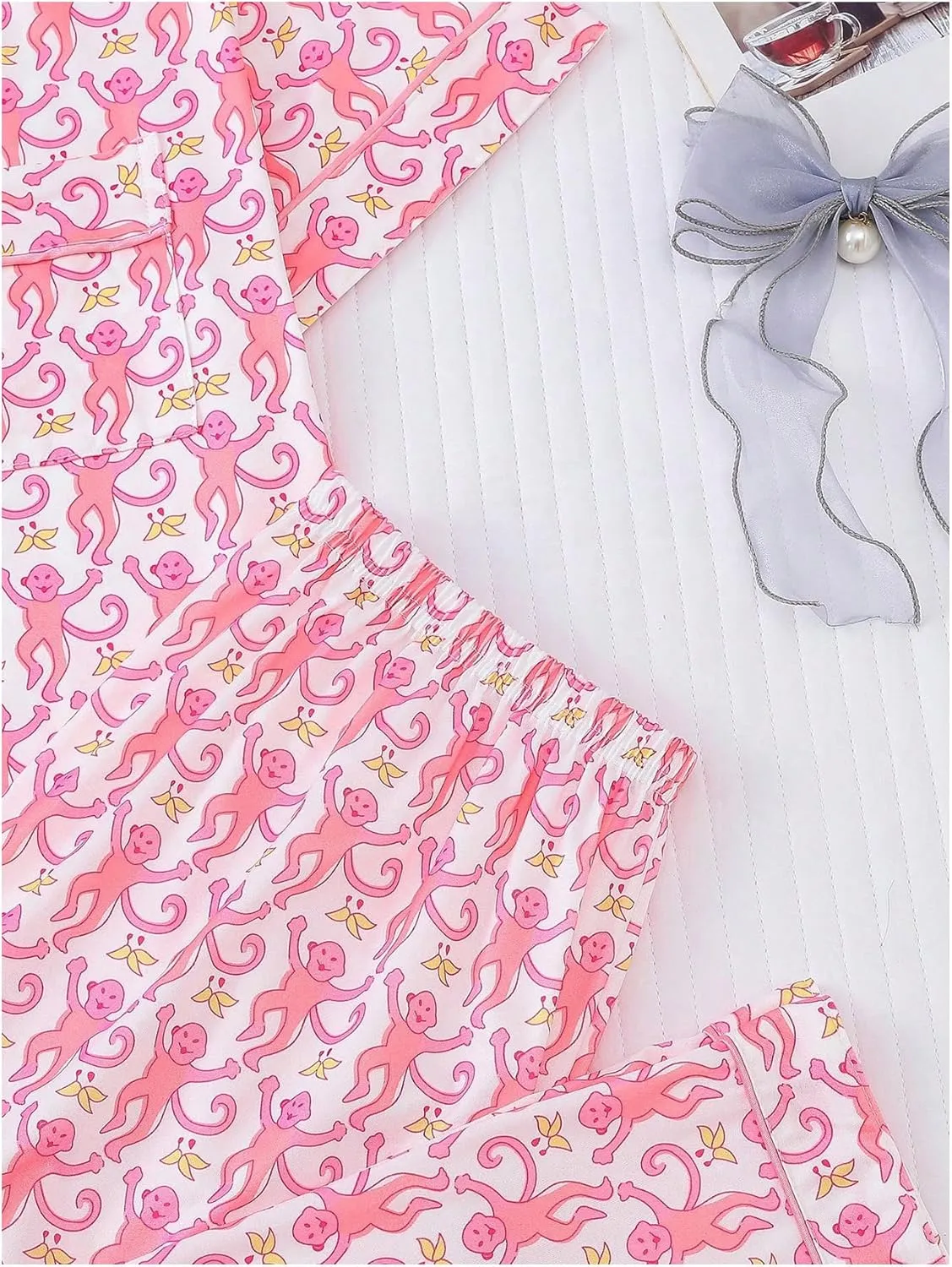 Women's 2 Piece Monkey Pajama Sets Short Sleeve Button Down Shirt and Pants Set Sleepwear Animal Print Lounge Set Pjs