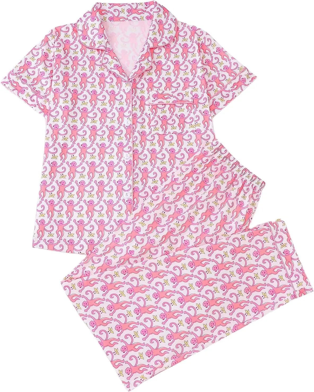 Women's 2 Piece Monkey Pajama Sets Short Sleeve Button Down Shirt and Pants Set Sleepwear Animal Print Lounge Set Pjs