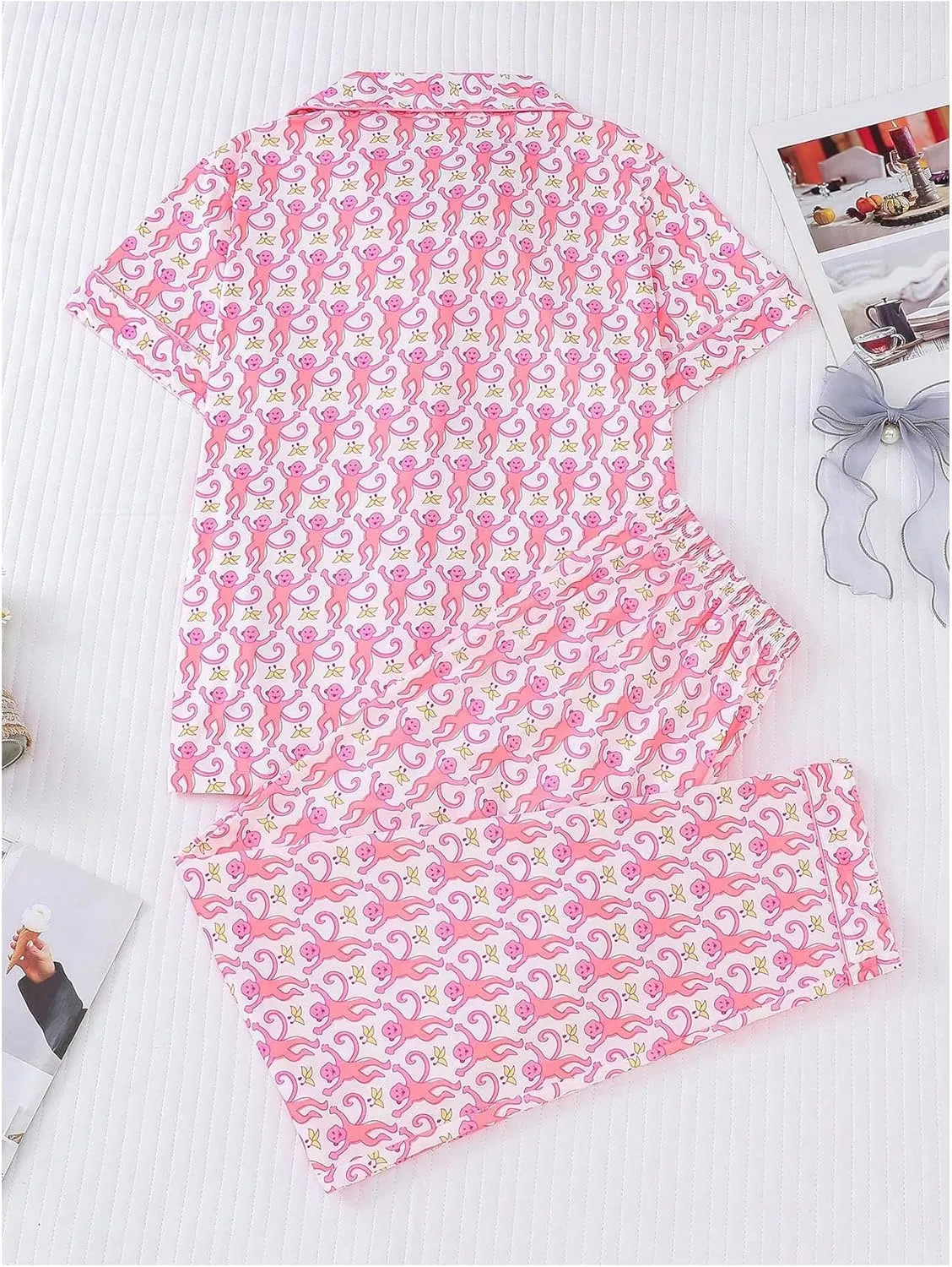 Women's 2 Piece Monkey Pajama Sets Short Sleeve Button Down Shirt and Pants Set Sleepwear Animal Print Lounge Set Pjs