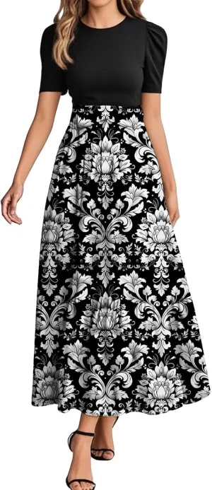 Women's 2025 Summer Floral Crew Neck Midi Dress Boho Short Sleeve High Waist Flowy Beach Vacation Dresses