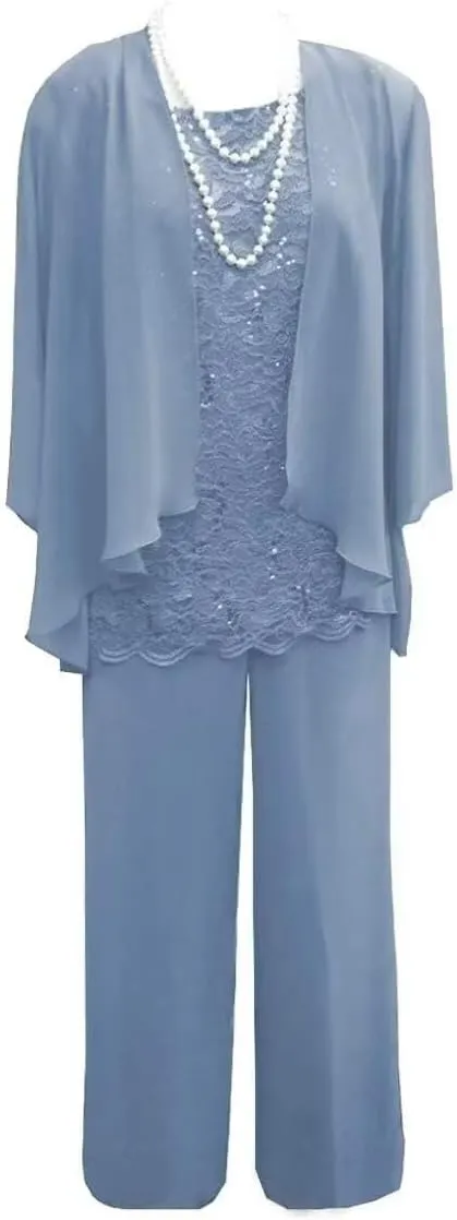 Women's 3 Pieces Mother of The Bride Dress Pant Suits Lace Wedding Guest Dress with Jacket