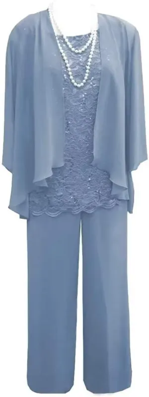 Women's 3 Pieces Mother of The Bride Dress Pant Suits Lace Wedding Guest Dress with Jacket