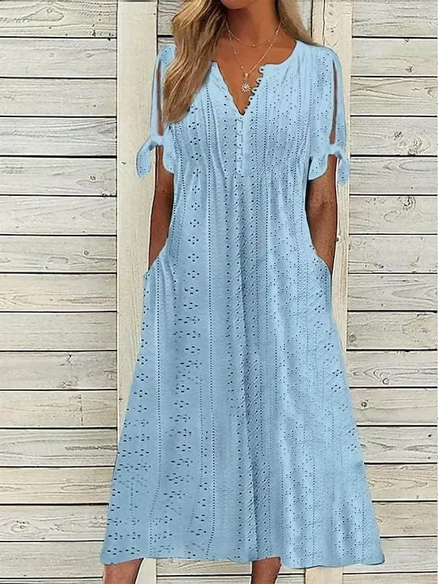 Womens Boho Eyelet Pastel Dress Button V Neck Tie Knot Short Sleeve Flowy Beach Vacation Midi Dresses with Pockets