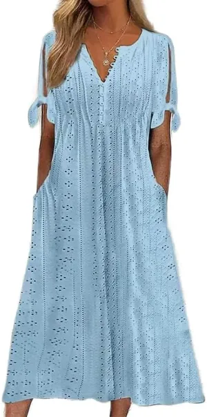 Womens Boho Eyelet Pastel Dress Button V Neck Tie Knot Short Sleeve Flowy Beach Vacation Midi Dresses with Pockets