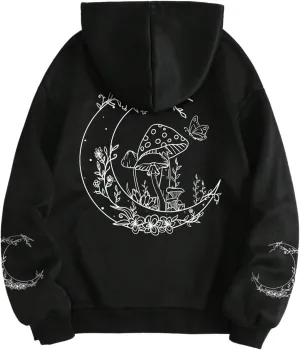 Women's Cartoon Graphic Hoodies Drawstring Long Sleeve Thermal Cute Sweatshirt with Pockets