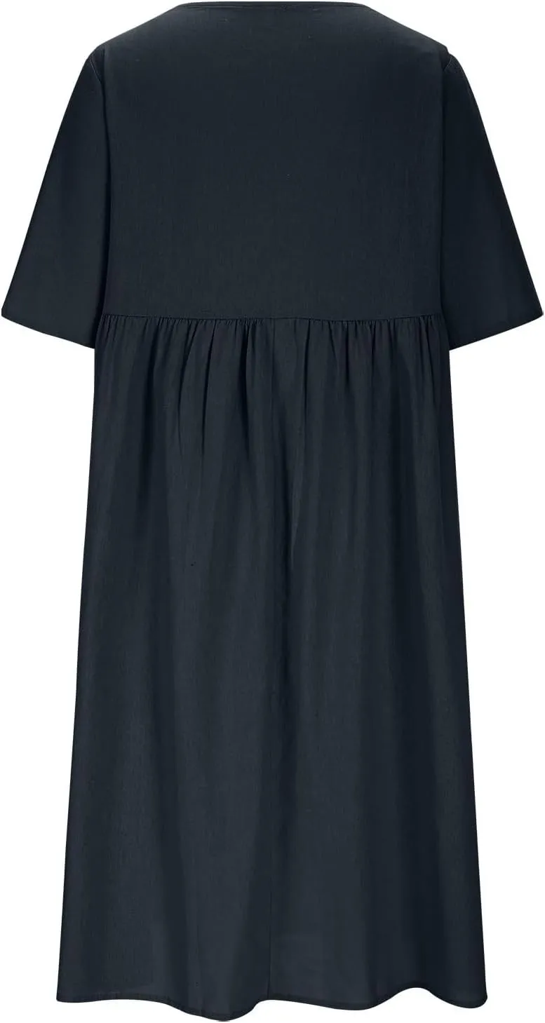 Womens Cotton Linen Midi Dress Short Sleeve Button Crewneck Dresses Summer Loose Pleated Dress Solid Travel Clothing