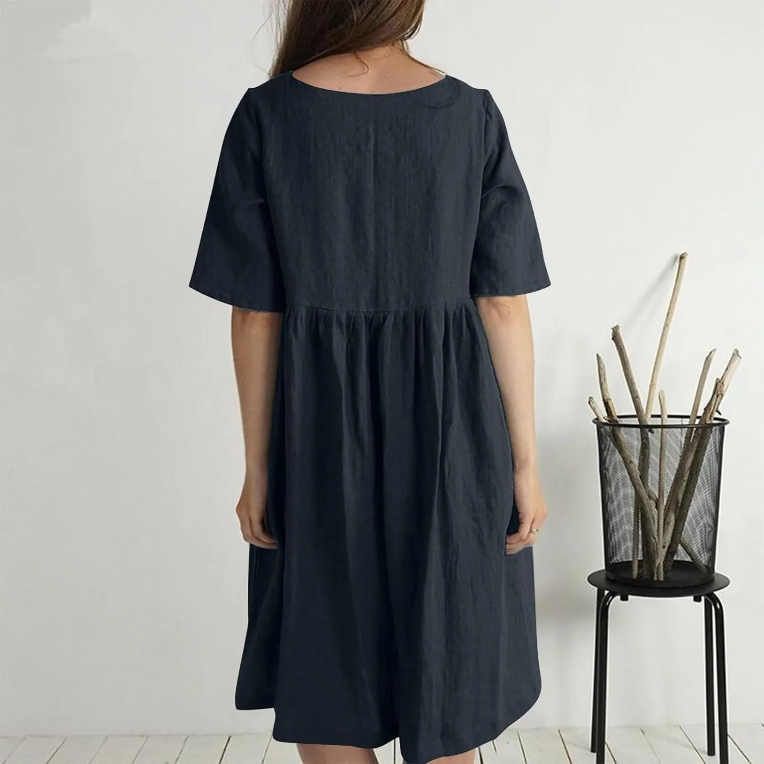 Womens Cotton Linen Midi Dress Short Sleeve Button Crewneck Dresses Summer Loose Pleated Dress Solid Travel Clothing